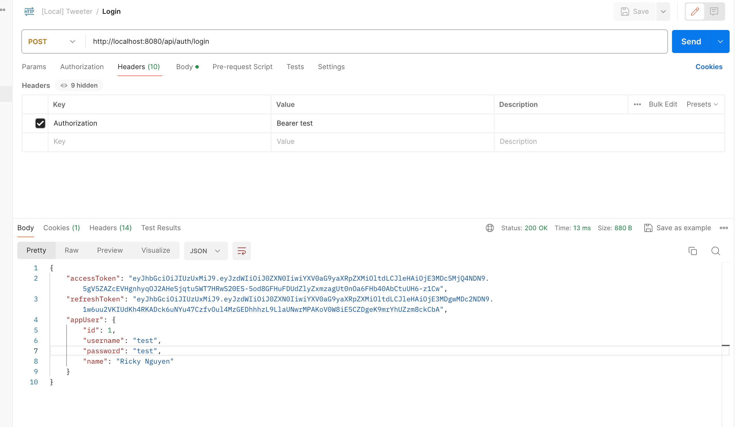 a. Test login via Postman
